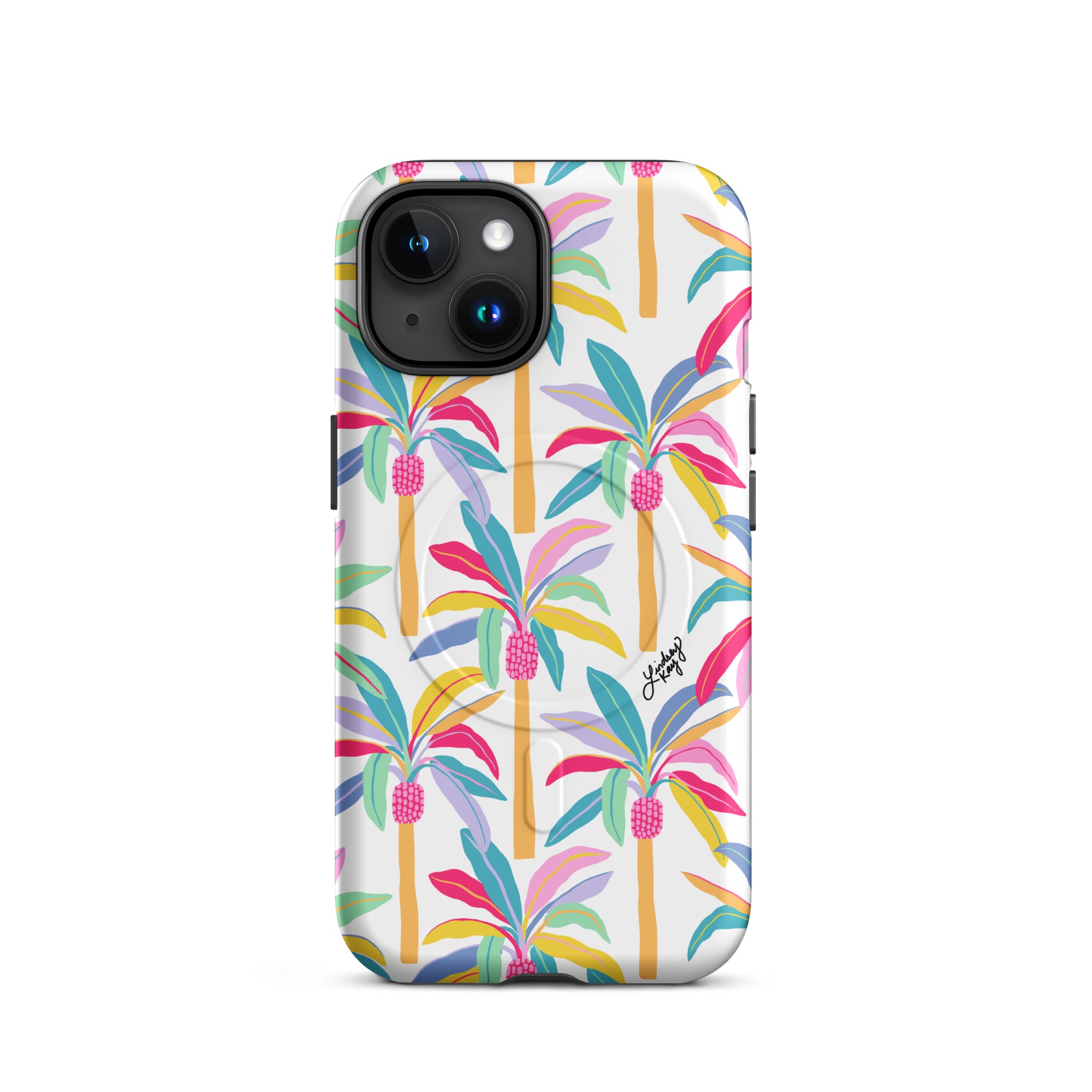 Colorful pastel patterned palm tree tough iPhone case, durable shockproof phone case that has tropical vibes. Perfect for anyone that wants to add some protective color to their phone. Created by Lindsey Kay collective.